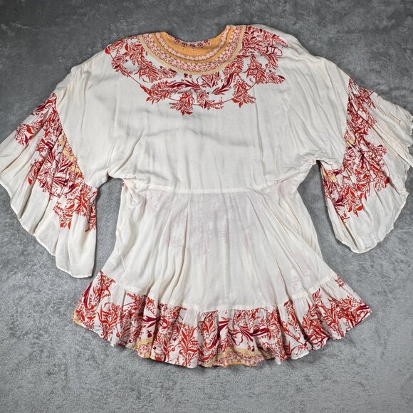 FREE PEOPLE Sunset Dreams Bell Sleeve Tunic Top sz M Flowy Boho Hippie 70s - Picture 7 of 11